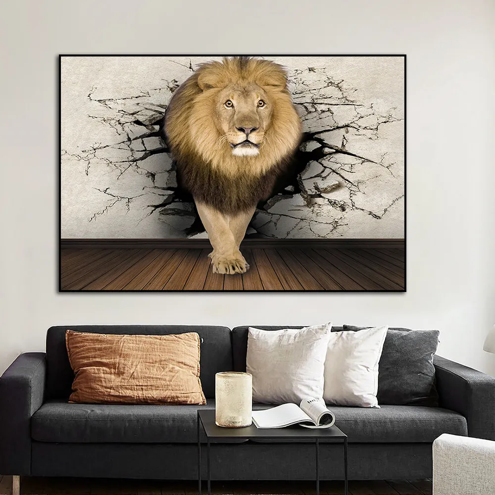 3D Animal Mural Livelike Canvas Print Rhino Lion Elephant Icke-vävda tygväggkonst affischer och tryck vardagsrum sovrumsdekor
