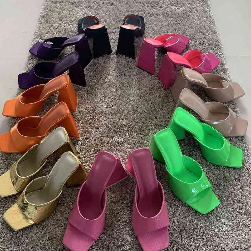 sandals 10.5CM Sexy Leather Slipper Shoe Women Slippers Summer Outdoor Open Toe Slip-On Sliders Shoes Fashion Square Heels Sandals Femme 220623