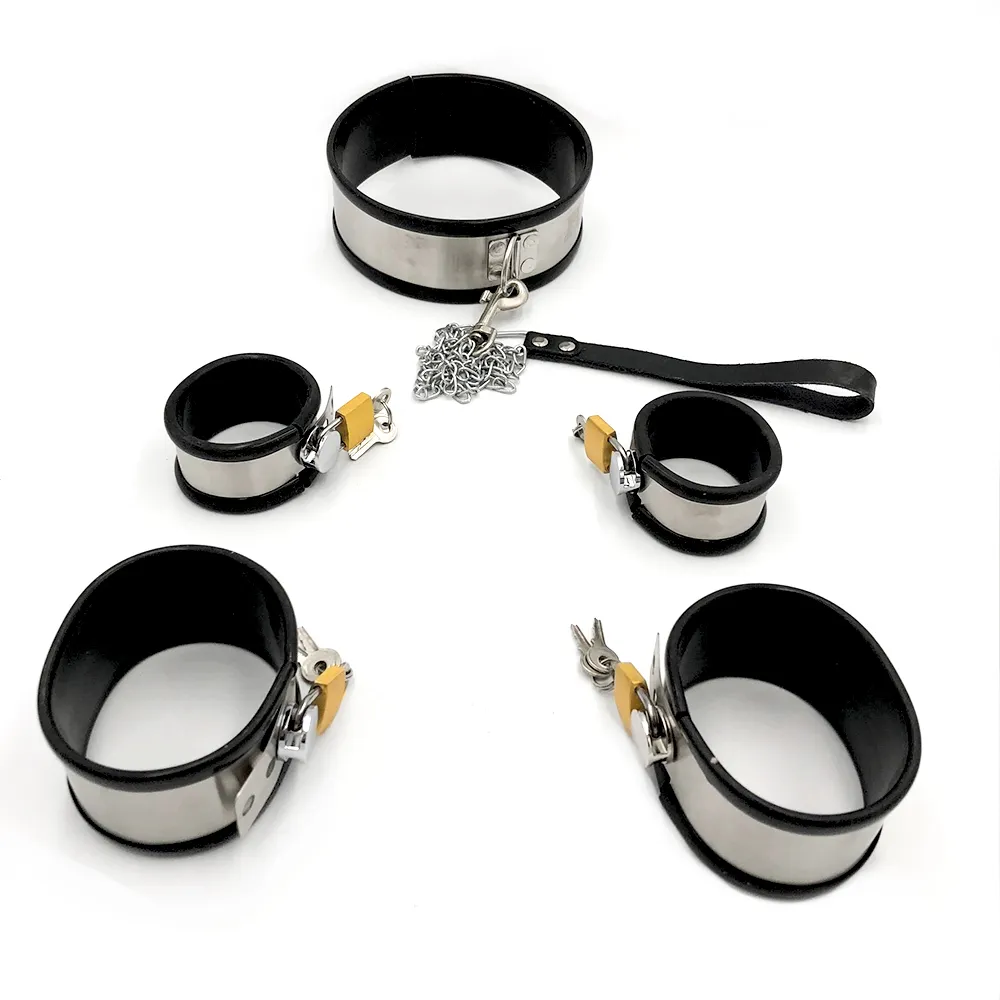 Black Stainless Steel Silicone Lockable Handcuffs Ankle Cuffs Neck Collar Slave BDSM Bondage Shackles Restraints Adult sexy Toys