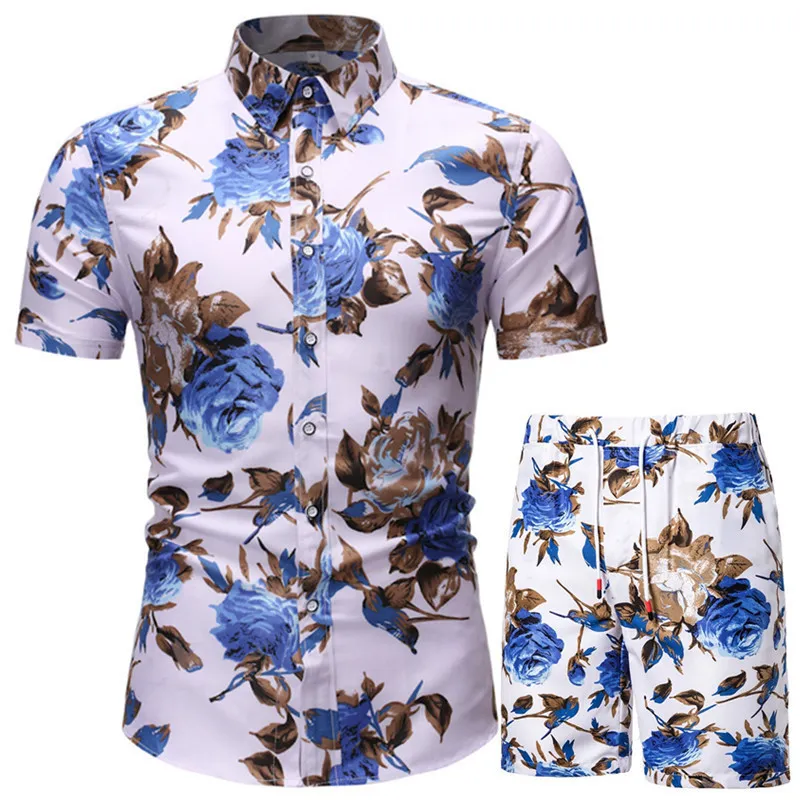 Summer Men Set Hawaiian Flower Printing Mens Short Sleeve Casual Tracksuit Shirt Beach Shorts Sets Male Sports Suit Clothing 220708