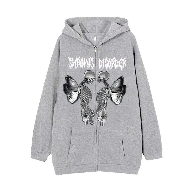 Men's Sweater Spot Winged Skull Print Zip Sweater Gothic Fleece Men's and Women's Autumn and Winter Oversize Sports Hoodie 220816