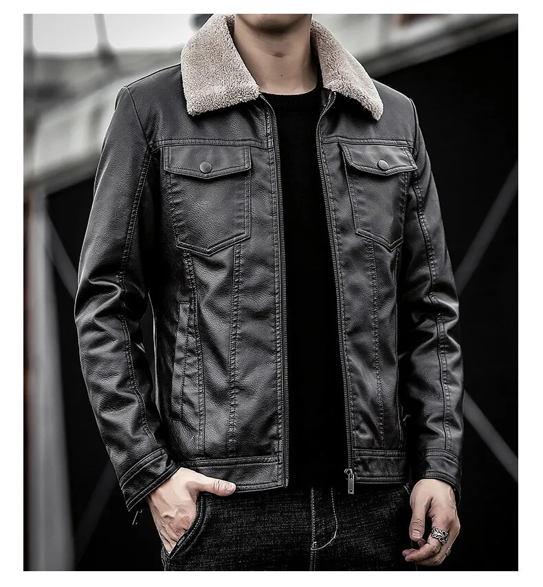 Толстая мужская кожаная куртка зимняя осень мотоцикл Fashion Faux Fur воротник ветропроницаемый теплый флиш Men 220804