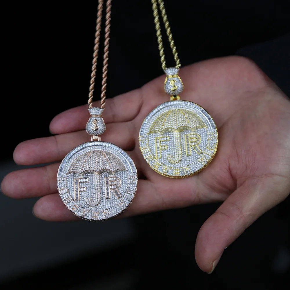 New Iced Out Money Dollar Umbrella Forever Rich Letter Necklace Two Tone Color Bling 5A Cubic Zircon CZ Pendant HipHop Jewelry207S