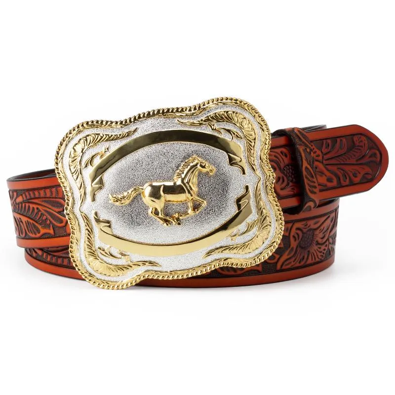 Bälten Big Alloy Buckle Golden Horse Leather Belt Cowboy Leisure for Men Floral Pattern Jeans Accessories Fashion279s