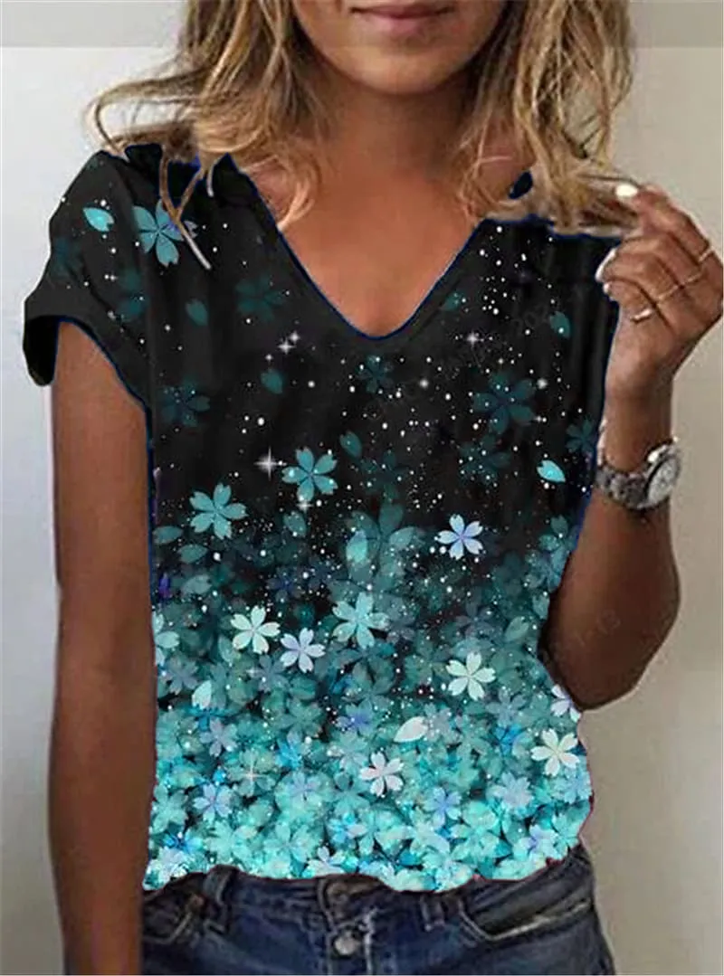Kvinnor mode abstrakt målning t shirt grafisk geometrisk tryck v hals plus storlek grundläggande toppar avslappnad blå 3d tryck skjorta 220613