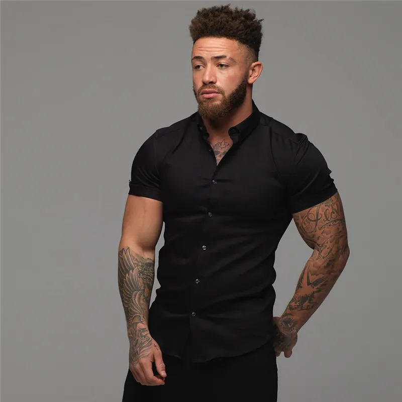 Summer Fashion Short Sleeve Shirt Men Solid Super Slim Fit Male Social Business Dress Brand Gym Fitness Sport Clothing 220321