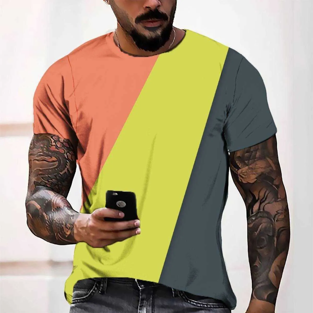패션 망 티셔츠 3D 디지털 인쇄 3 색 블록 간단한 스타일 캐주얼 짧은 소매 남자 티셔츠 다양 한 색상 스타일