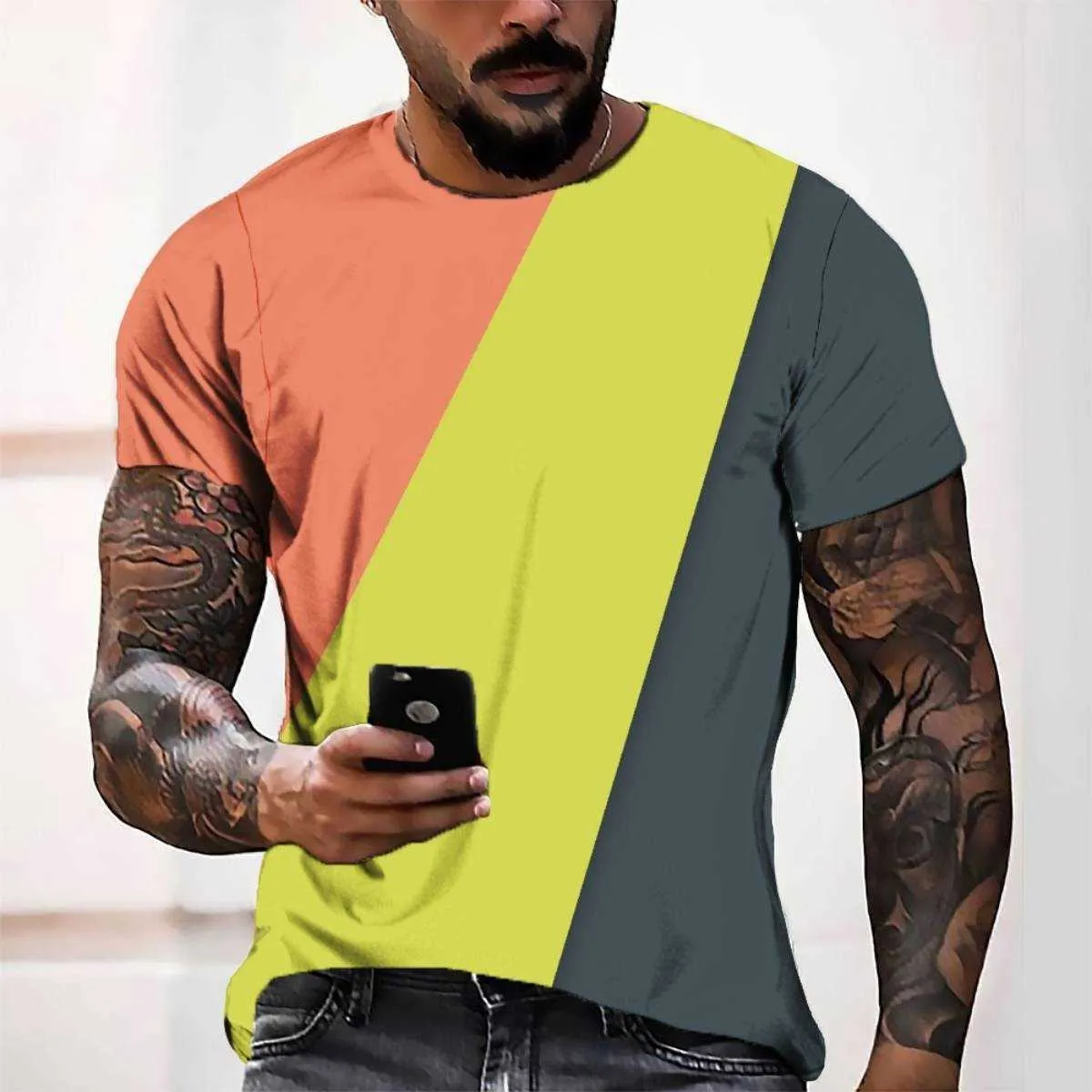 Moda Erkek T-Shirt 3D Dijital Baskı Üç Renk Blok Basit Stil Rahat Kısa Kollu Erkekler Tees Çeşitli Renk Stilleri