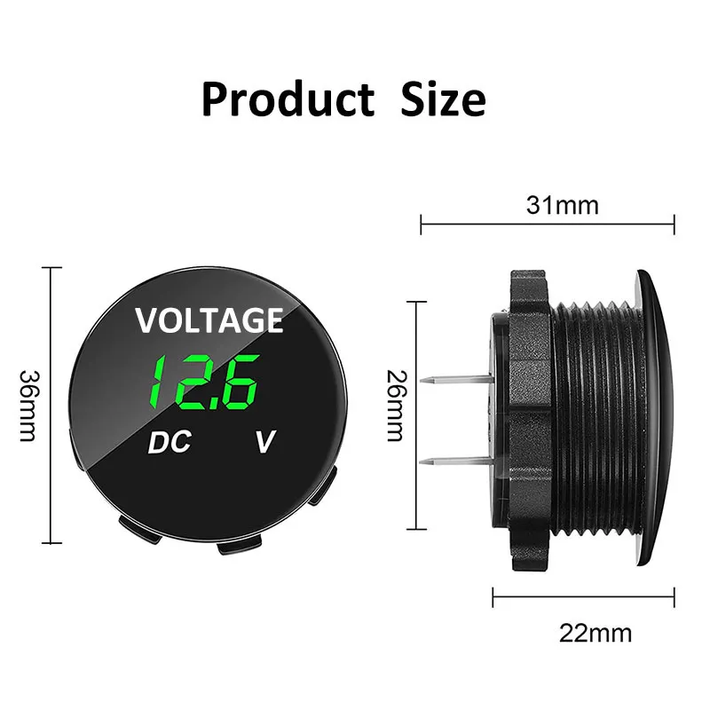 Voltmètre à affichage numérique DC 12V/24V LED panneau rond testeur de jauge de tension étanche pour voiture moto camion RV ATV