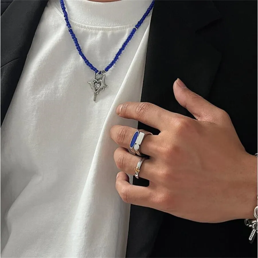 2022SS Korean Style Blue Double-Layer Oregelbundna ring Herrkalla avancerade minimalistiska nisch high street Titanium Steel Jewelry260o