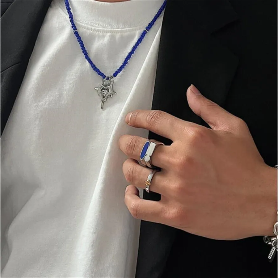 Bague irrégulière Double couche bleue de Style coréen pour hommes, bijoux en acier titane et acier, haut de gamme, Niche minimaliste, haute rue, 2022ss, 2378