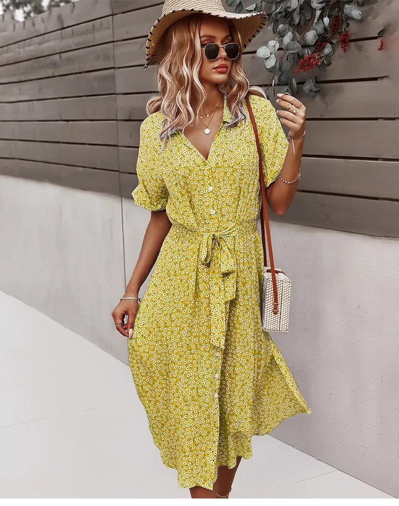 Women Floral Dress Summer Casual Short Sleeve Button Holiday Midi Dresses Female VNeck Beach Boho Chic Dress Elegant Robe 220611