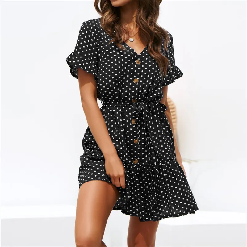 Summer Szyfonowa sukienka polka kropka boho plażowa sukienka vintage marszczone krótkie rękawie a-line mini sukienka sundress vestidos 220511