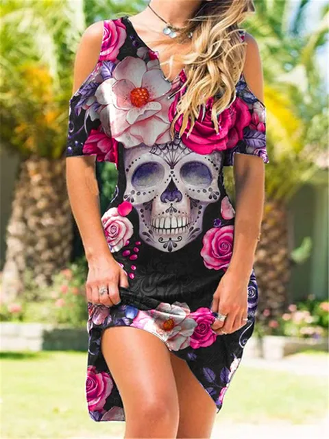 Sleeveless Summer Dress Skull Flower Print Halter Women Punk Gothic Style Sexy Midi Off Shoulder Elegant Side Slit es 220521