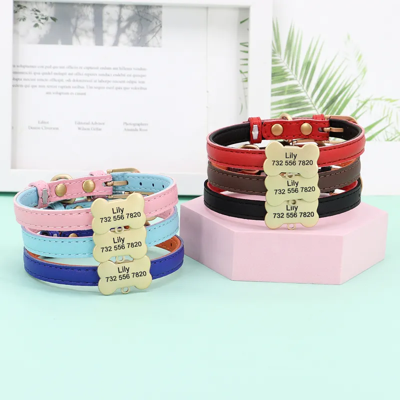 Puppy Dog Personalized ID Collar Pu Leather Dogs Cat Collars Necklace With Custom Engraved Tag Name Plate Free Bell Gift 220622