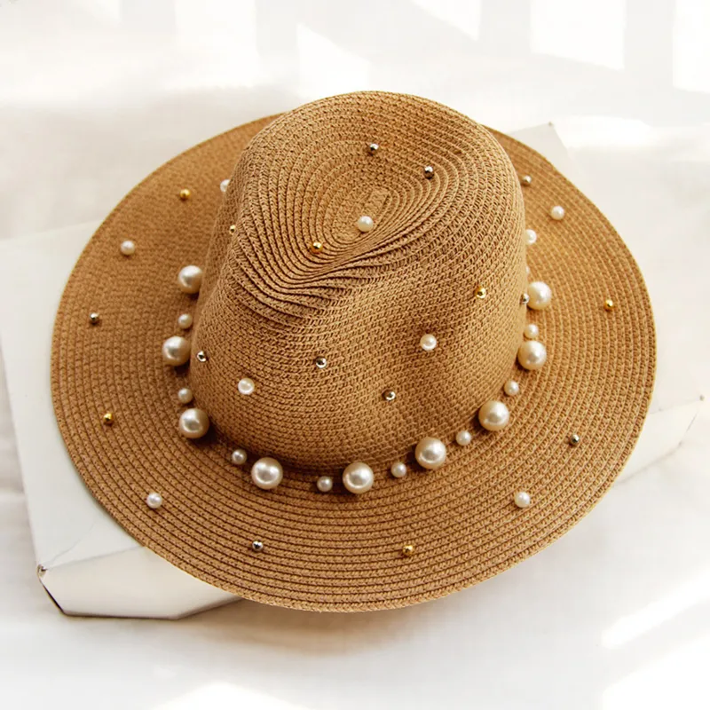 Summer Straw Sun Hat Pearl Visor Trilby Jazz Women Chapeau Femme Male Fedora Elope Beach Sun Panama Hat 220513