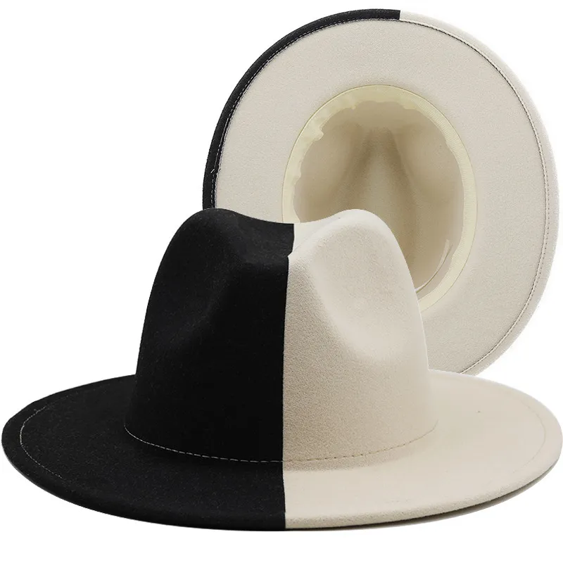 الأسود المرقعة البيضاء الصوف شعرت موسيقى الجاز فيدورا قبعة نساء للجنسين واسعة الحافة بنما الحزب Trilby Cowboy Cap Men Gentleman Wedding Hat 225541885