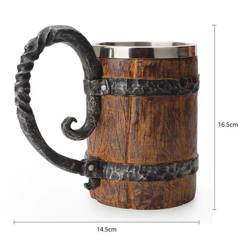 500 ml Viking trästil som julklappssimulering träfat öl kopp dubbel vägg dricka mugg metall isolerad 220727