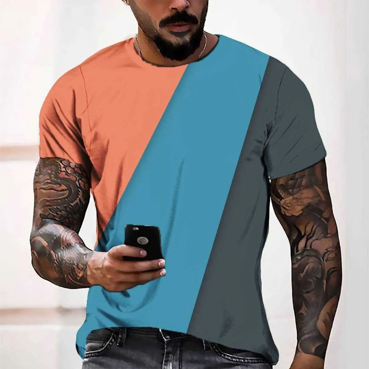 Moda Erkek T-Shirt 3D Dijital Baskı Üç Renk Blok Basit Stil Rahat Kısa Kollu Erkekler Tees Çeşitli Renk Stilleri