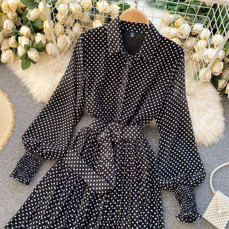 Bahar ve Yaz Fransız Vintage Maxi Elbise Sundress Bayanlar Uzun Kollu Turuncu Polka Dot Şifon Pileli Elbiseler Femme Robe 220316