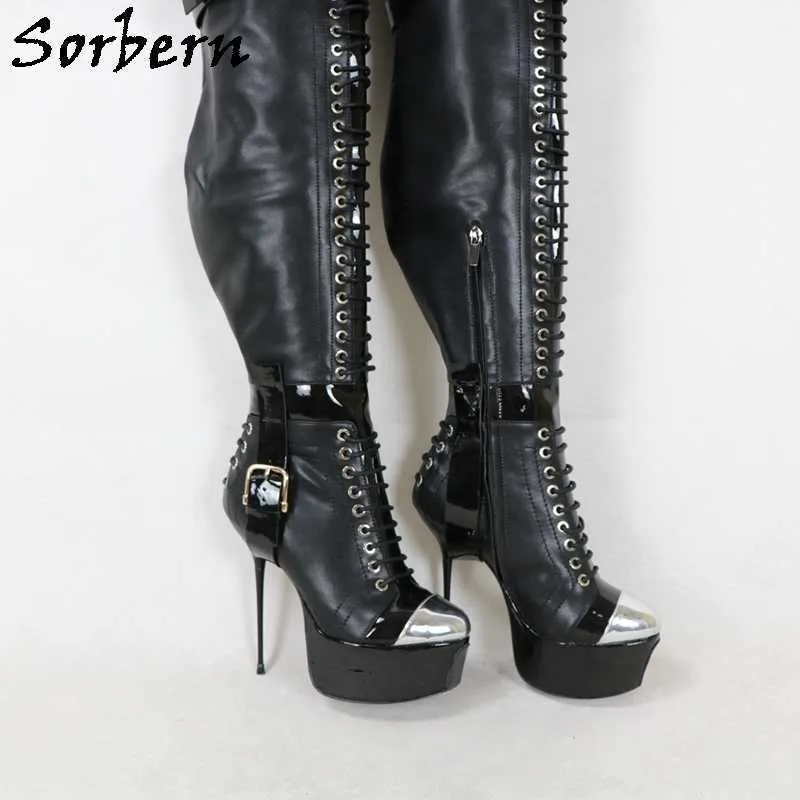 Sorbern 14 CM Metal Heel Lady Buty Rozmiar EU36 Platformy Buty Czarny Mat Mid Udży High Women Boot Długi Niestandardowy Slim Fit
