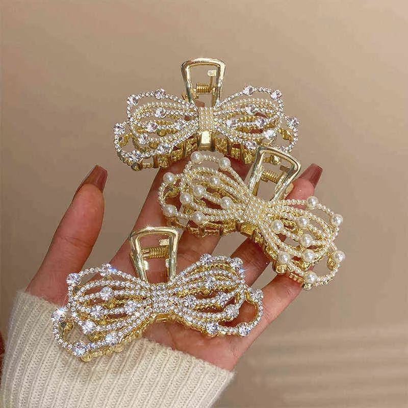 Exquisite Bow Pearl Full Diamond Clip Elegant Grip Hair Clip For Women Daily Wear Jewelry Gifts Hair Accessories For Women T2208081374107