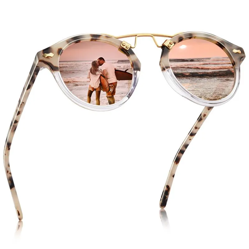 Carfia Małe octanu spolaryzowane okulary przeciwsłoneczne dla kobiet lustrzane soczewki retro podwójny most metalowy brwi okrągły sunnie 228k