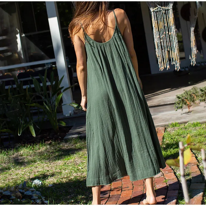 Casual 100% Cotton Summer Women's Long Dress Loose Solid Sleeveless Backless Streetwear Elegant Female Vestidos Robe 220507