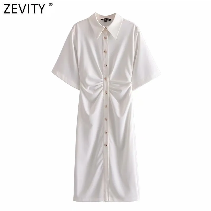 Zevity Women Chic Fashion Button-up Draped Midi Shirt Dress Vintage Short Sleeve Side Zipper Female Dresses Vestidos DS8602 220426