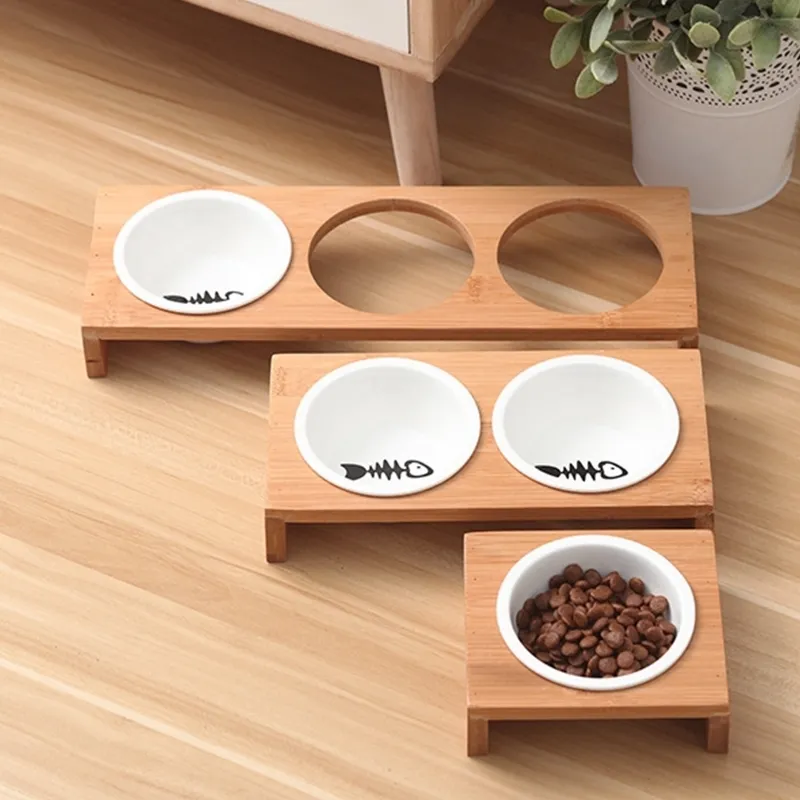 Förhöjda Pet Bowls, Upphöjd Hund Kattmatare Solid Bambu Stativ Keramisk Mat Feedin R9jc 220323