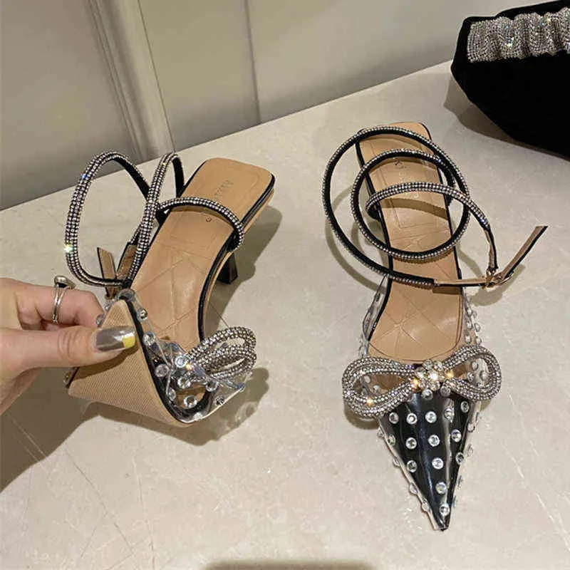 Sexy Pointed Toe Rhinestone Pumps Women Crystal Ankle Strap High Heels Sandals Female 2022 Summer Silk Satin Wedding Shoes Woman G220519