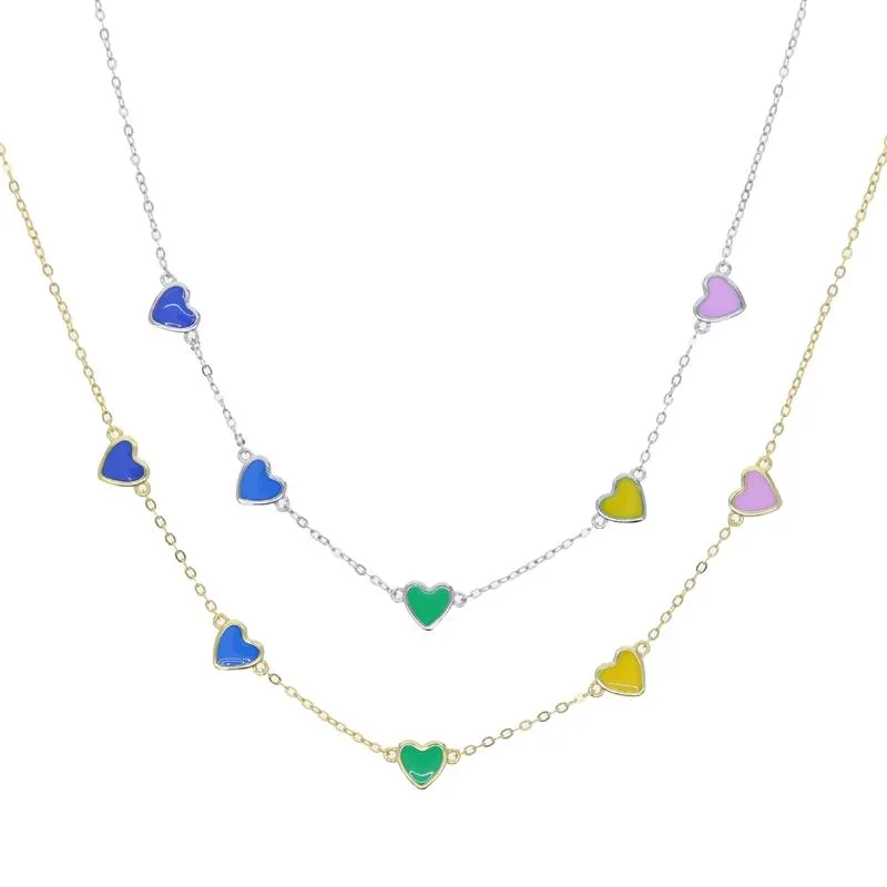Pure 925 Sterling Silver Choker Halsband med emalj Rainbow Color Heart Charm Pendant Halsband smycken för kvinnor bröllop smycken