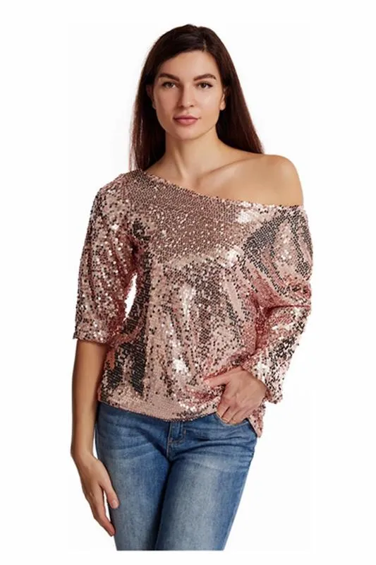 Dames Sparkle Pailletten Off Shoulder Tank Top Blouse Classic Trendy Casual Glittery Losse Kostuum Cocktail Party T-shirt 220328