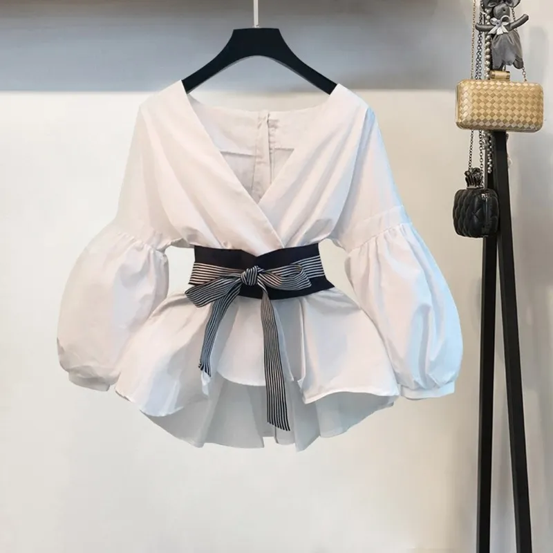 Lantaarn mouw blouse shirt dames mode Koreaanse stijl zomer boog v-neck gestreept shirt elegante dames tops vrouwelijke kleding 220609