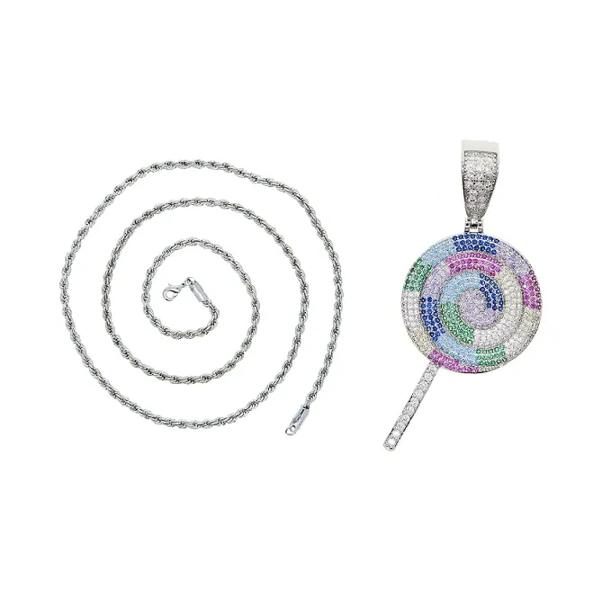Hip Hop CZ Multi color Lollipop Iced Out Cubic Zircon Necklace Pendant For women Men Jewelry Charm cz Tennis Chain281D