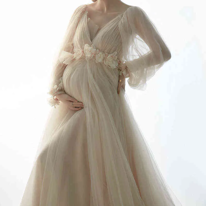 Robes De Maternité Pour Photoshoot Manches Longues Tulle Floral Maxi Robes Robe Femmes Enceintes Photographie Grossesse Tir Robe J220628