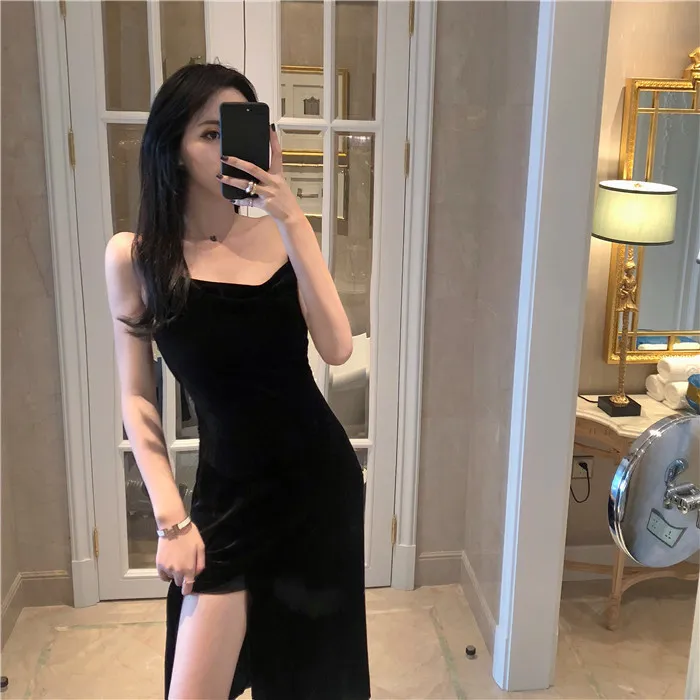 Brand Women Dress Spaghetti Strap Slit Velvet Black Sexy Bodycon bandage Midi Party Vestidos Verano 220426