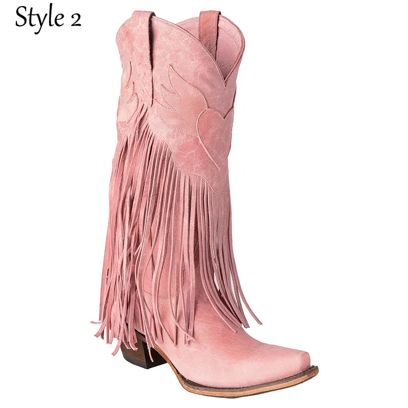 Brand Embroidery Mid Calf Women Pink Cowboy Cowgirls Casual Western Boots Chunky Pointed Toe Shoes Woman Wholesale 220810