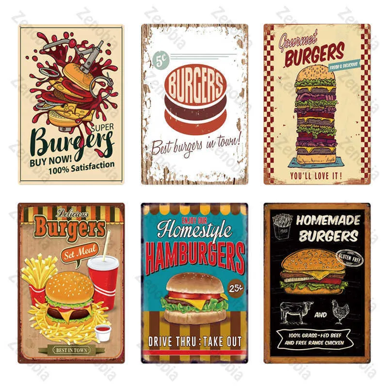 Hamburger Metal Sign Plack Metal Vintage Fast Food Wall Decor för Kitchen Cafe Diner Bar Burger Metal Signs20x30cm6455699