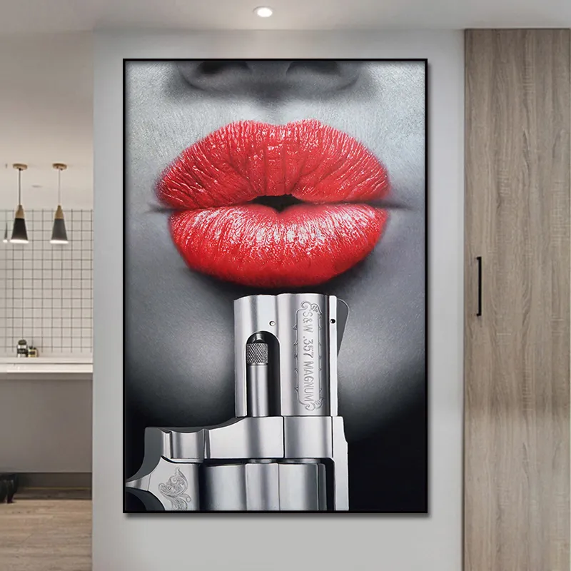 Sexy Red Lips And Silver Muzzle Canvas Posters Wall Art Print Modern Painting Nordic Kid Bedroom Decoration Picture (2)