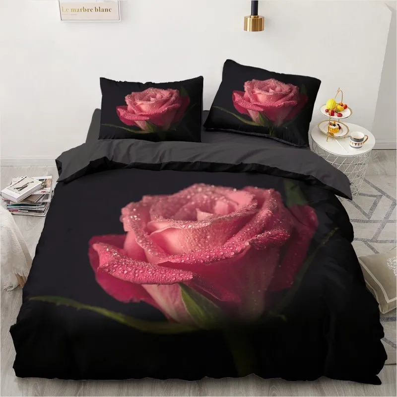 مجموعة أسرة زهرة ثلاثية الأبعاد مخصصة كينج الحجم غطاء لحاف مجموعة Quiltcomforter Case Red Rose Bedclothes Microfiber 220616