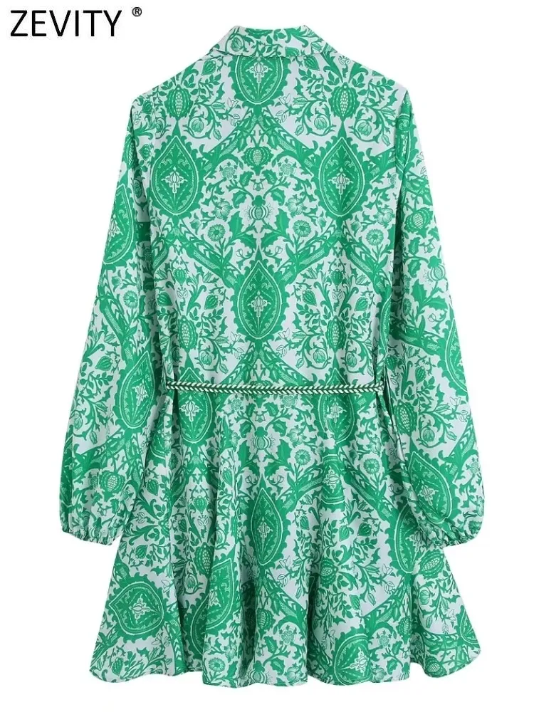 ZEVITY Kadın Moda Paisley Çiçek Baskı Kemer Mini Gömlek Elbise Kadın Şık Rahat Büyük Salıncak Hem Plise Yeşil Vestidos DS9353 220517