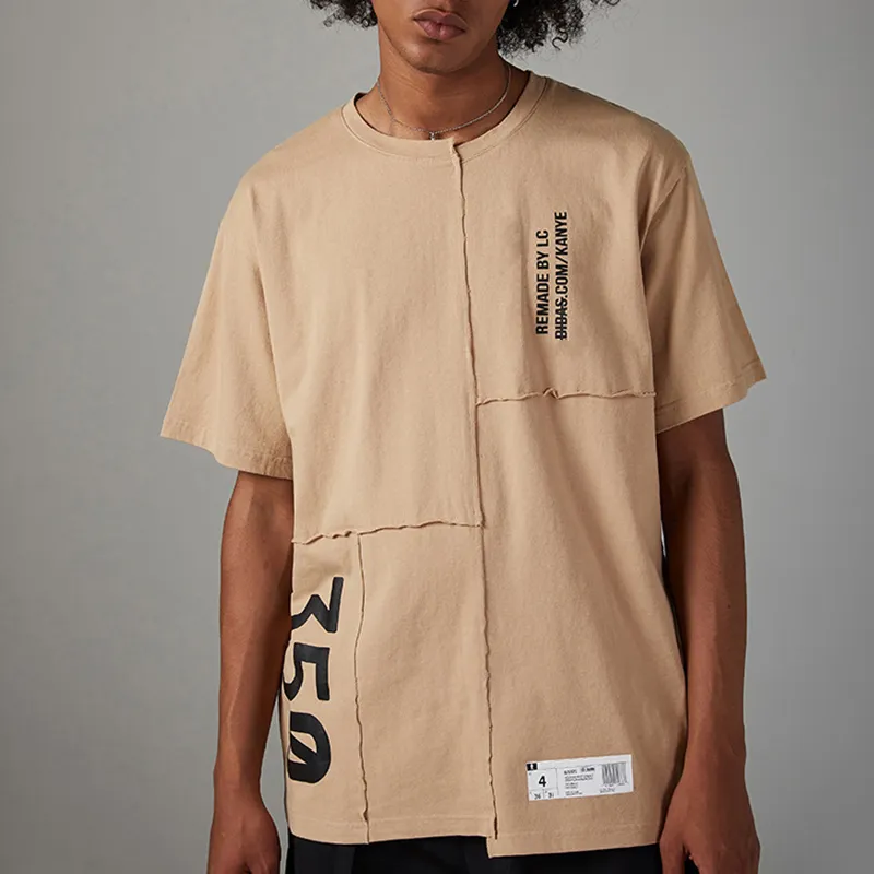 Zachodnie podróbki asymetryczne mężczyźni Summer 350 T-shirty Hip Hop Streetwear Khaki Oversiase Tops Tees Casual Letter Print Tshirts 220505