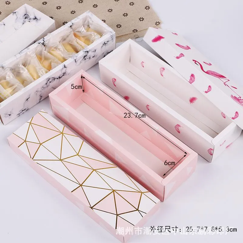 Flamingo / Marble / Feather Pattern Paper Packaging Box Nougat Cookies Geschenkdoos Bruiloft Chocolate Cake Brood Parterbox Boxs Pro232