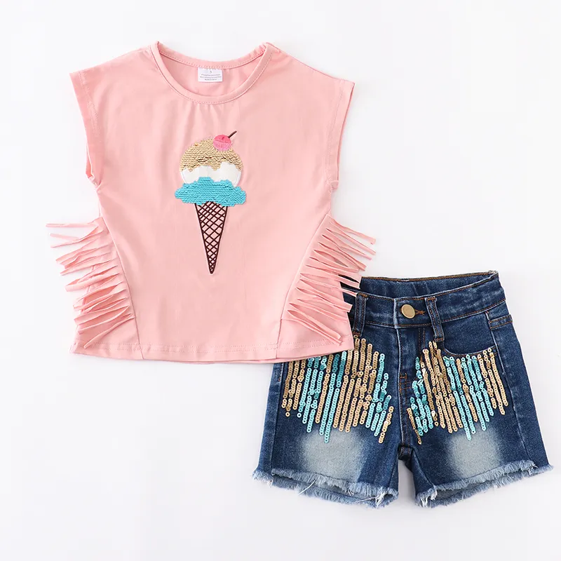 Girlymax Summer Baby Baby Girls Short Sleeve Top Cluffles Boutique Demin Jeans Shorts Set Outfits 220620