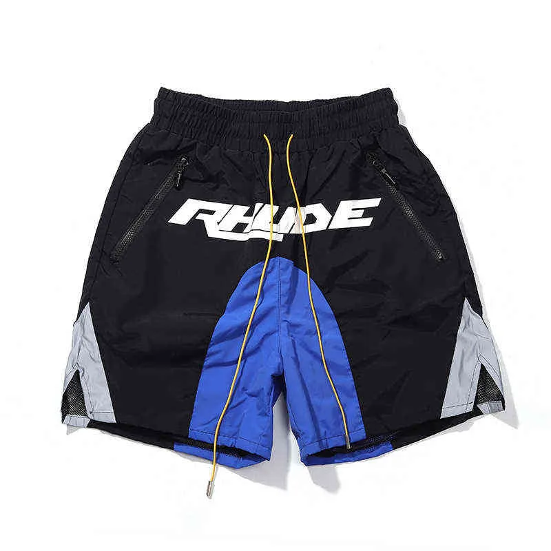 Black Rhude Colorblock Reflective Panel Print Shorts Street Mens and Womens Casual Drawstring