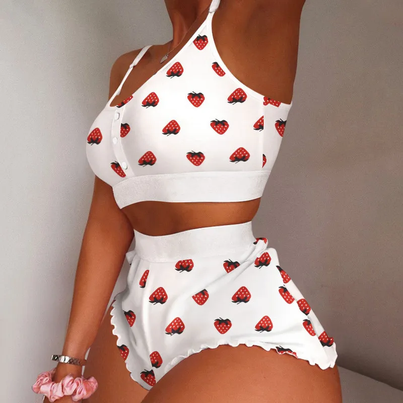 Kadınlar 2 Parçası Kawaii Çilek Baskı Frill Hem Cami Pijama Seti Femme Sevimli Mahsul Top Şort Takımları Lady Sweetwear Y222K 220802