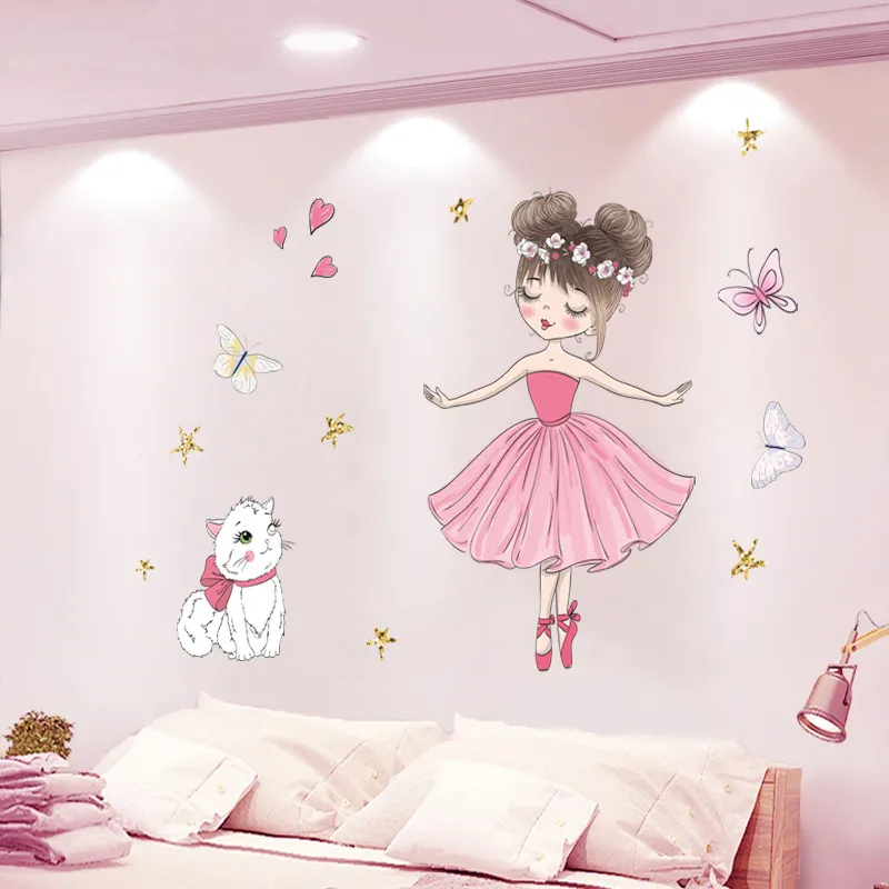 キッズルーム用のかわいいダンスバレエガールウォールステッカーガールズルームベッド妖精プリンセス保育園の壁紙ベビールームの装飾