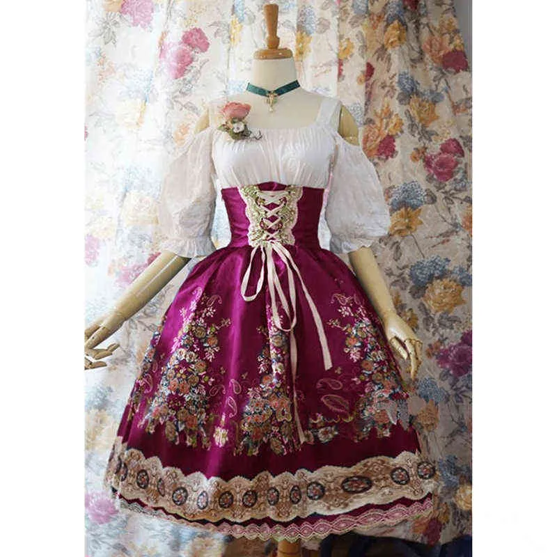 NXY Fritidsklänning Vintageklänning Sommar Cosplay Maid Palace Lolita tryck hög midja långärmad spets viktoriansk gotisk medeltida damkläder 0406