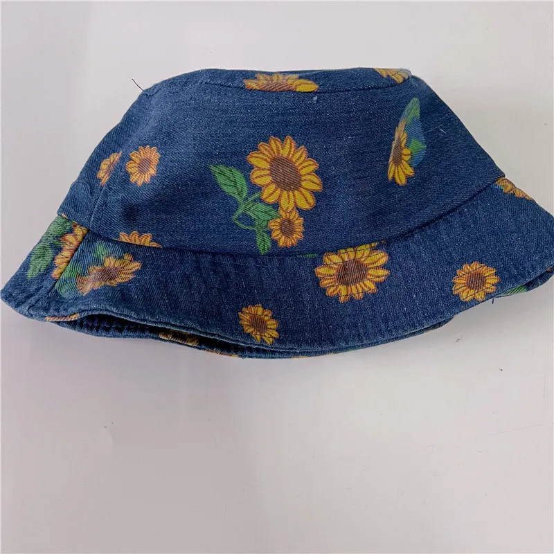 MILANCEL Summer Children's Denim Bucket Hat Sunflower Print Big Brim Hat 220611